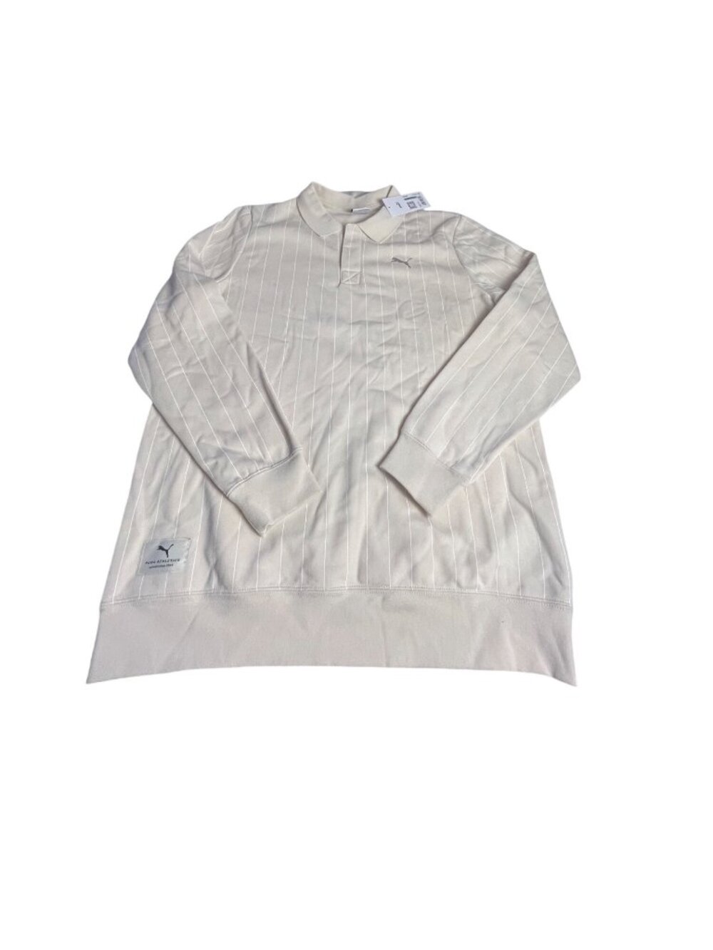 Puma Mens L Class Long Sleeve Fleece Polo Sweatshirt cream & white striped NWT